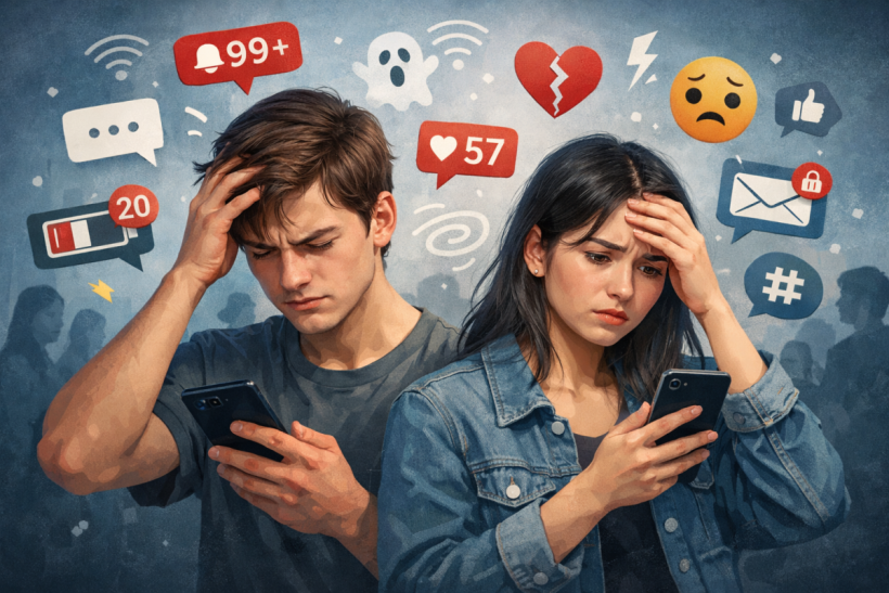 Ilustrasi Gen Z mengalami stres akibat penggunaan media sosial berlebihan