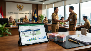 Ilustrasi dokumen resmi pemerintah dan tumpukan mata uang Rupiah yang melambangkan kesiapan pencairan Gaji ke-13 PNS 2026 untuk meningkatkan daya beli