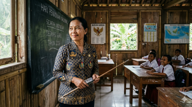 Seorang guru honorer Indonesia di depan kelas dengan latar belakang papan tulis yang sudah usang, merepresentasikan dedikasi di tengah keterbatasan