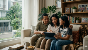Orang tua mendampingi anak menggunakan gawai secara bijak dalam konsep smart digital parenting untuk membangun ruang digital yang aman.