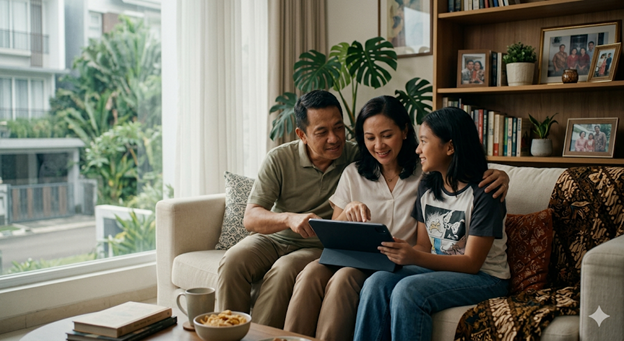 Orang tua mendampingi anak menggunakan gawai secara bijak dalam konsep smart digital parenting untuk membangun ruang digital yang aman.