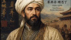 Lukisan atau monumen tiruan figur sejarah Sayyid Ajall Shams al-Din Omar dari zaman Dinasti Yuan