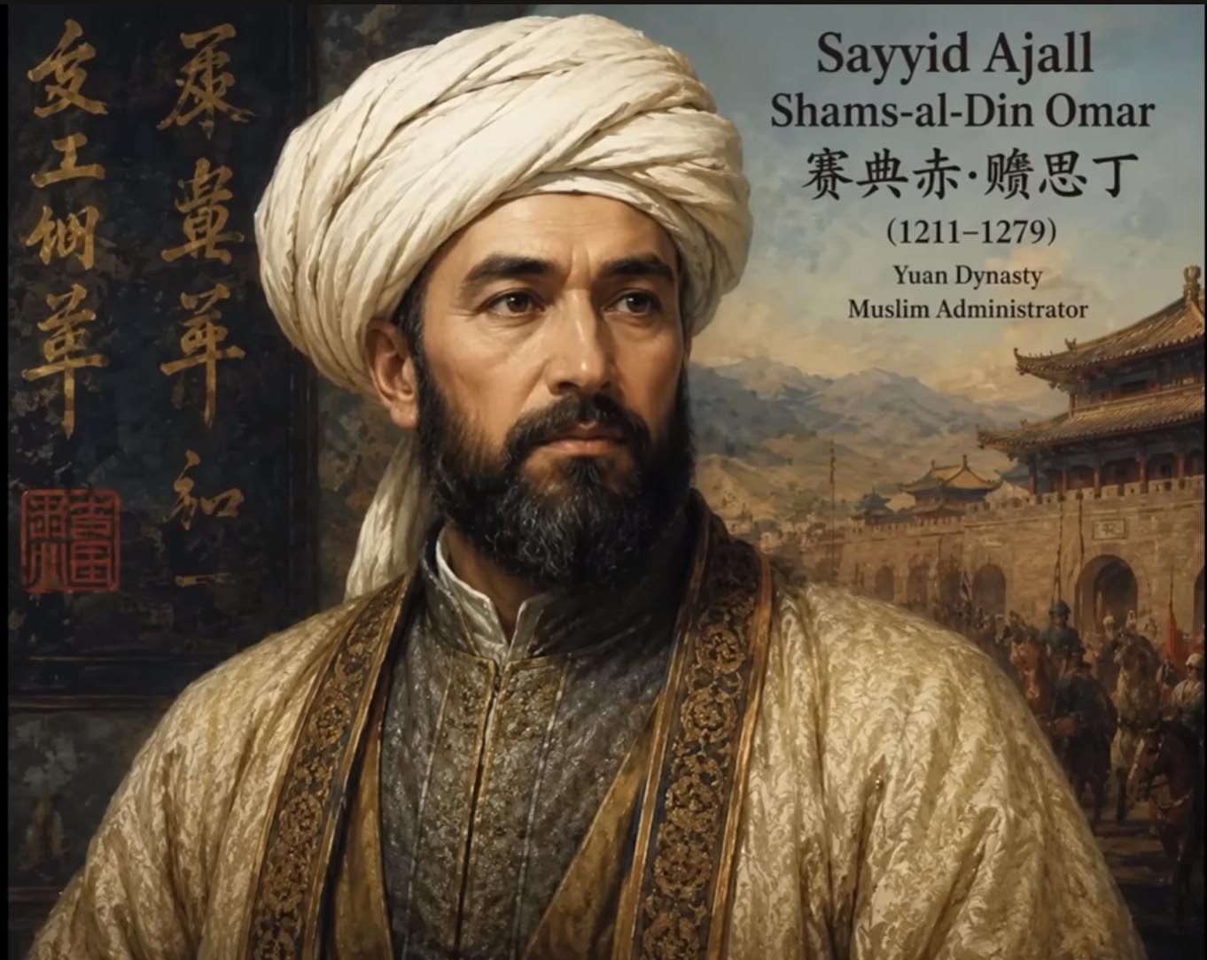 Lukisan atau monumen tiruan figur sejarah Sayyid Ajall Shams al-Din Omar dari zaman Dinasti Yuan