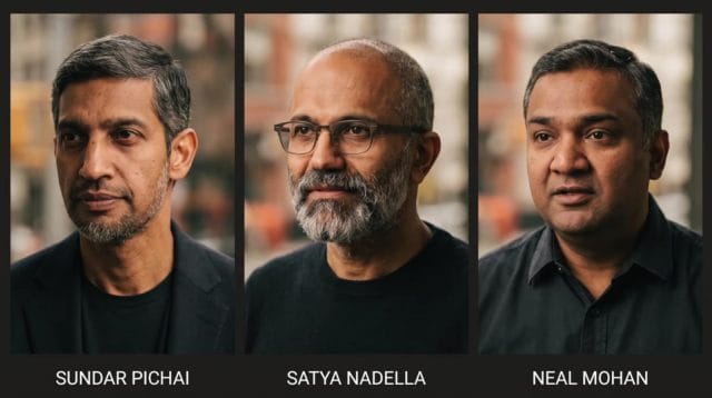 Potret wajah tiga CEO raksasa teknologi global asal India: Sundar Pichai dari Google, Satya Nadella dari Microsoft, dan Neal Mohan dari YouTube