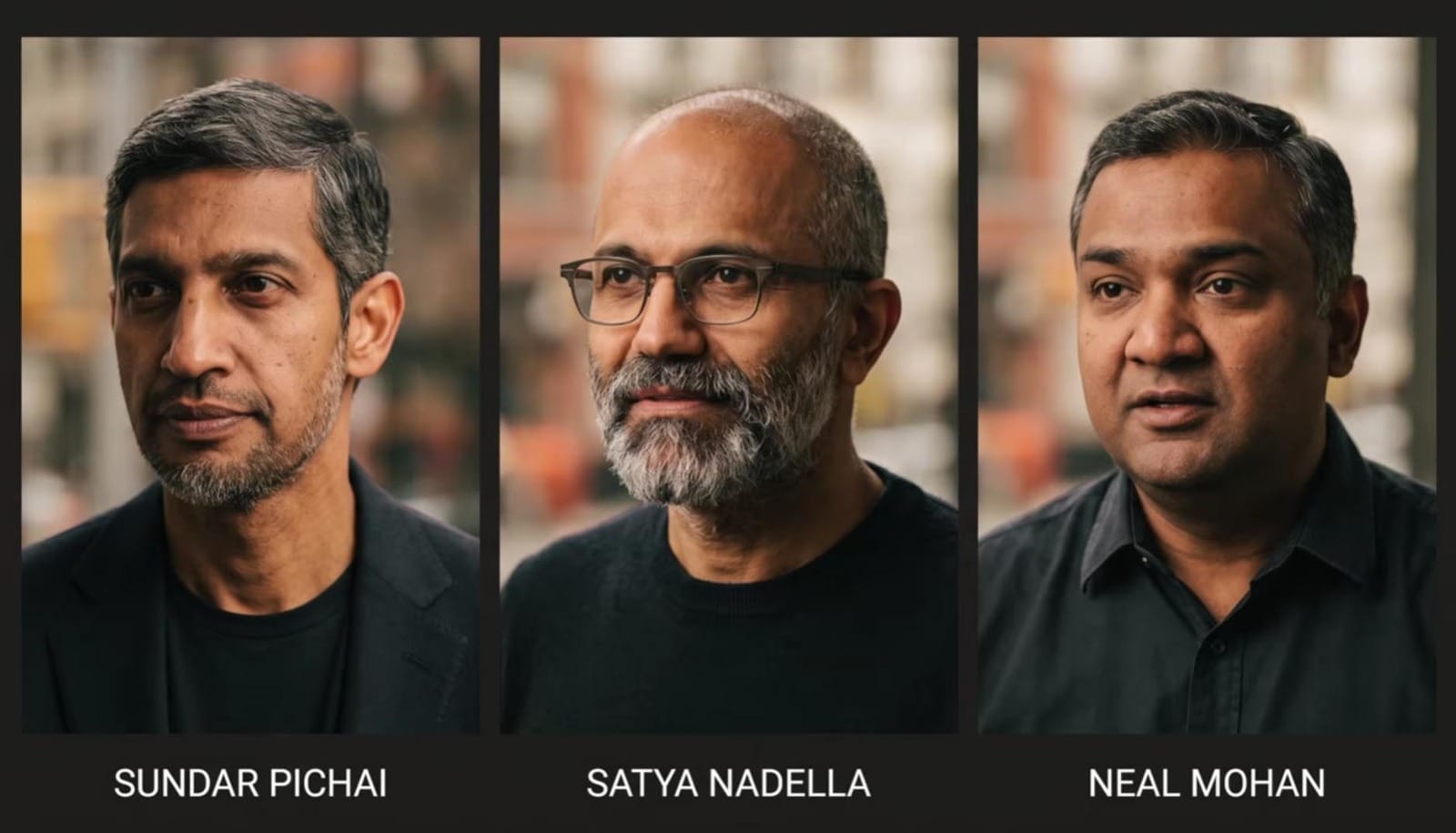 Sundar Pichai Satya Nadella Neal Mohan Potret wajah tiga CEO raksasa teknologi global asal India: Sundar Pichai dari Google, Satya Nadella dari Microsoft, dan Neal Mohan dari YouTube