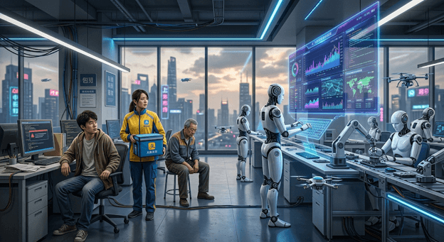 Ilustrasi dampak revolusi AI menerjang pekerja di China yang menunjukkan robot humanoid bekerja berdampingan dengan manusia yang tampak cemas.