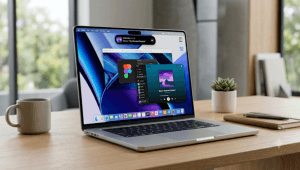 Ilustrasi desain MacBook Ultra terbaru dari Apple dengan sasis super tipis, layar OLED, dan fitur punch-hole Dynamic Island