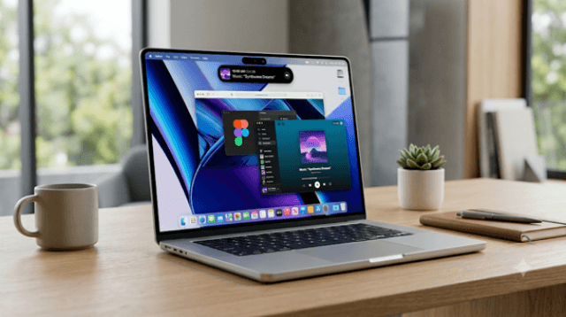 Ilustrasi desain MacBook Ultra terbaru dari Apple dengan sasis super tipis, layar OLED, dan fitur punch-hole Dynamic Island
