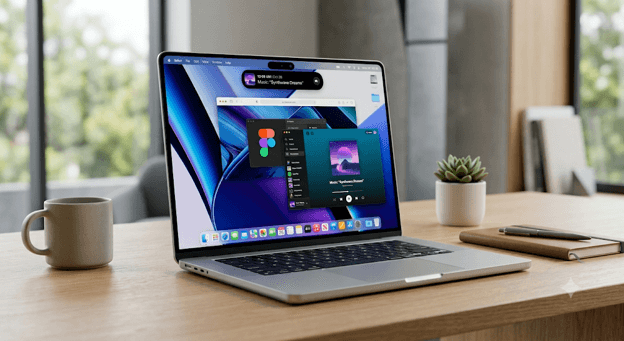 Ilustrasi desain MacBook Ultra terbaru dari Apple dengan sasis super tipis, layar OLED, dan fitur punch-hole Dynamic Island