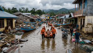Gelombang Tsunami NTT dan Sulsel 2026 yang menerjang pesisir pantai dengan tinggi hampir 1 meter, merusak fasilitas umum