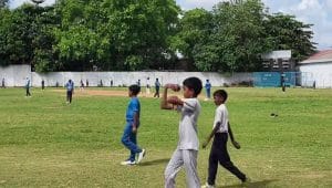 Sekelompok anak bermain kriket di tanah lapang berumput hijau.