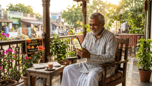 Ilustrasi seorang pria paruh baya di India sedang tersenyum menatap layar smartphone saat melakukan rutinitas kebiasaan kirim selamat pagi di WhatsApp kepada kerabatnya