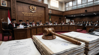 Ilustrasi persidangan di Mahkamah Konstitusi terkait diskursus tiga pembuktian perkara membatalkan pencalonan Wapres Gibran.