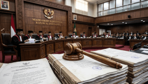 Ilustrasi persidangan di Mahkamah Konstitusi terkait diskursus tiga pembuktian perkara membatalkan pencalonan Wapres Gibran.