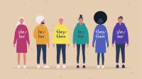 Ilustrasi keberagaman karakter manusia dengan kata ganti (pronouns) pada pakaian mereka.
