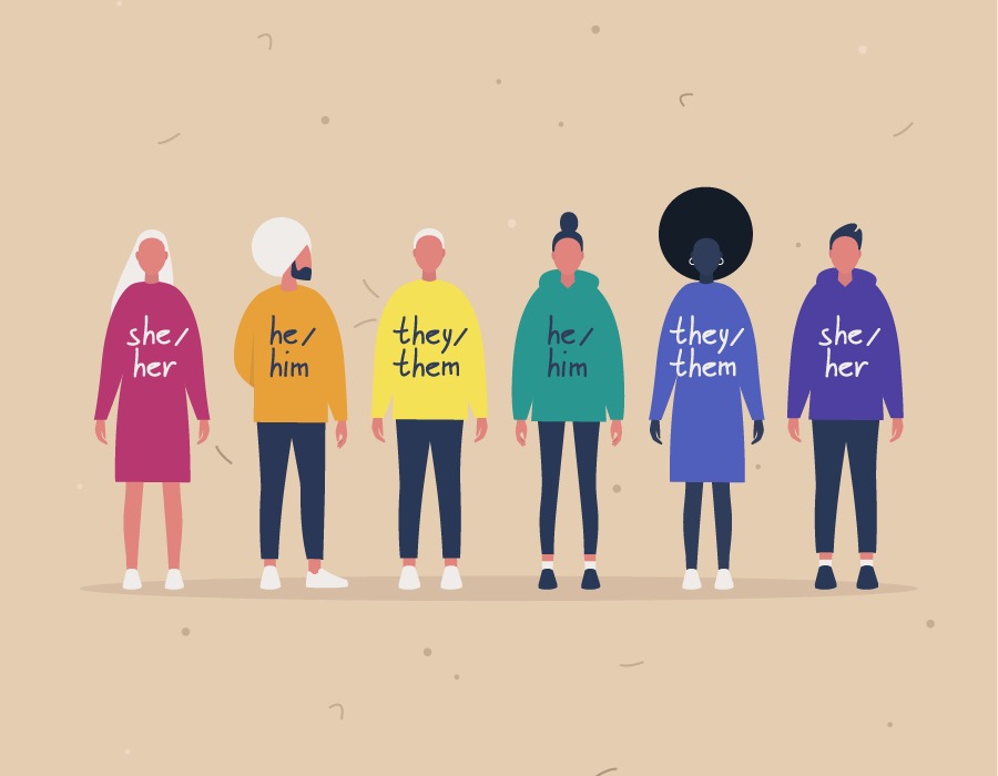 Ilustrasi keberagaman karakter manusia dengan kata ganti (pronouns) pada pakaian mereka.