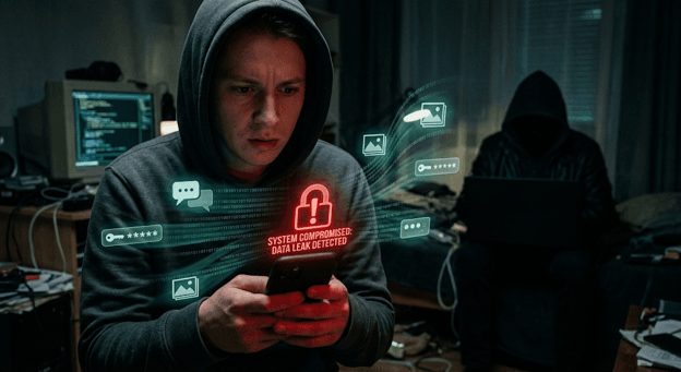 Ilustrasi ciri-ciri HP terinfeksi spyware yang sering diabaikan pengguna, seperti baterai cepat habis dan HP cepat panas akibat peretasan.