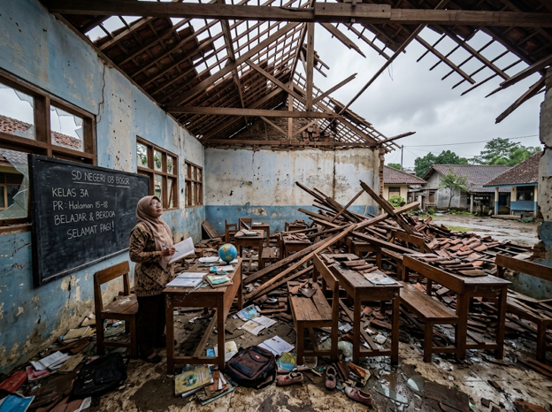 Kondisi ruang kelas sekolah dasar yang rusak parah di daerah pelosok saat aksi guru unggah sekolah rusak ke media sosial menjadi perhatian Kemendikdasmen.