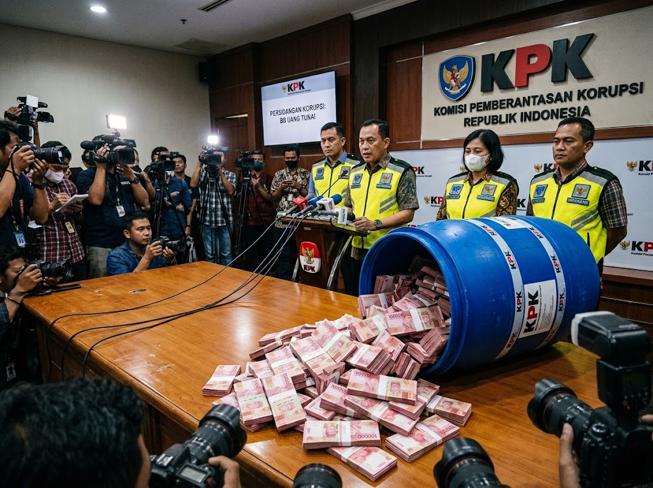 Tong biru yang diamankan KPK sebagai barang bukti dalam OTT terkait dugaan korupsi di Kabupaten Klaten